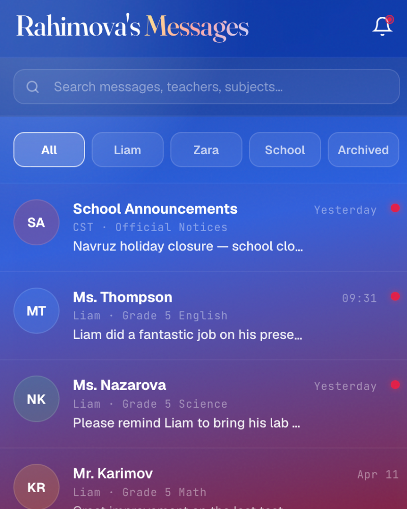 Portal Messages tab — school letters and conversations with homeroom teacher